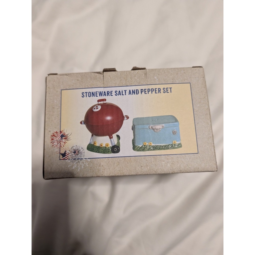 NIB Cracker Barrel Stoneware Salt & Pepper Set  Charcoal Grill And Drink‎ Cooler